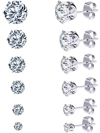 6 Paia Orecchini a Bottone in Argento Sterling 925, Orecchini Cubic Zirconia Piccoli di Cartilagine Dormiente Donna Uomo Anallergici Orecchini Set, 3/4/5/6/7/8mm