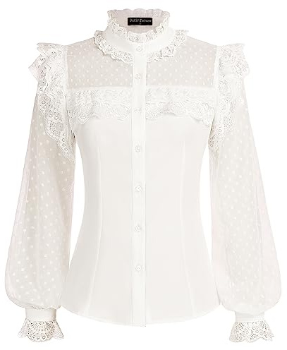 Scarlet Darkness Chemisier victorien pour femme à pois suisses à manches longues vintage hauts en dentelle col montant à volants à lacets chemises gothiques, Blanc., XXL