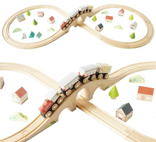 Le Toy Van - TV702 – Trältågspår i trä för barn, 3 år, Montessori 40 st, 8-delat kretskort med 4 sektionsbilar med trähjul och tillbehör, 104 x 45 x 7,5 cm