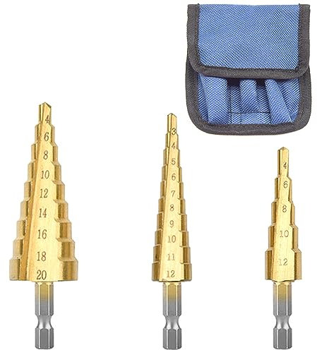 Hocansen 3 Set di Trapano a Gradini Acciaio ad Alta Velocità Step Bits con Storage Pouch,HSS Punte a Gradino Titanium Coated Cone Drill Bits per Legno, Plastica (3-12mm、4-12mm/20mm)