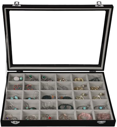 Stratalife Jewelry Organizer Earring Holder Jewelry Tray Earring Storage Organizer Display Rock Collection Box Jewelry Storage For Women Girls 30 Grid (Gray Black)