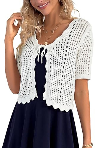 Kate Kasin Women White Shrug for Dress Knitted Crochet Shrug Sweater Short Sleeve Cropped Cardigan Summer M