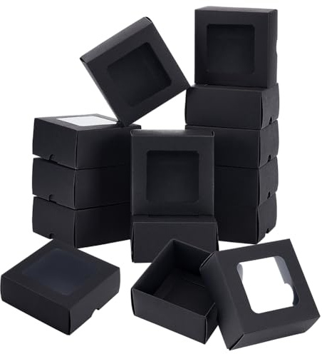BENECREAT 12 Stück Schwarze Kraftpapierbox Mit Klarem Fenster, 10x10x5cm Quadratische Geschenkbox Aus Kraftpapier Für Hochzeitsgeschenke Und Partygeschenke