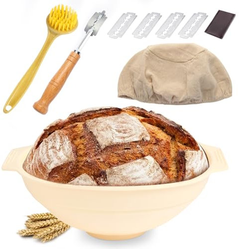 Gärkorb Set,22cm Silicone Gärkörbchen mit Stahlring Brot-Banneton-Gärkorb-Set, Silikon Banneton Brotgärkörbe, Sauerteig-Starter-Set Faltbarer, Wiederverwendbar Leicht zu Reinigen und Aufzubewahren