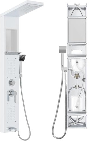 NAIZY Pannello doccia con rubinetto, sistema doccia 5 in 1 con ripiano integrato, set doccia multifunzione con doccetta per massaggio, doccia a cascata, doccia a pioggia, rubinetto in acciaio inox 304