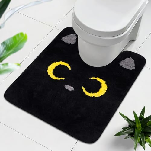 NIGOWAYS Toilet Rug - Cute Cat Rugs U Shaped Washable,Soft and Absorbent Bath Rug,Non Slip Toilet Bath Mat,Bathroom Contour Rug for Toilet Base(Black, 24 x 20)