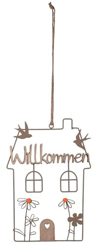 UNUS Willkommensschild Haus, Aufhänger aus Metall, 30 cm hoch, Taupe | mit Blumenmuster, für Eingangsbereich, Garten & Balkon