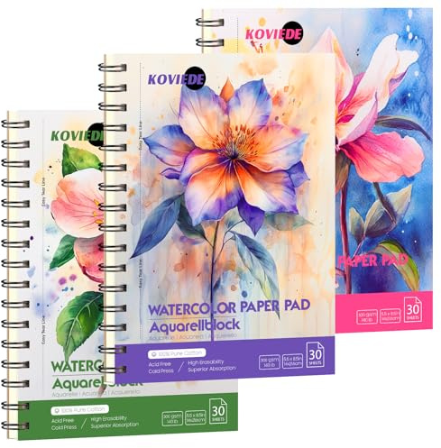 KOVIEDE Akvarellpapper 100 % bomull (90 ark) set om 3 block 14 x 21,6 cm, kallpress, 63,5 kg/300 g/m², spiral, akvarellpapper, skissbok i konstnärlig kvalitet, för vuxna, barn