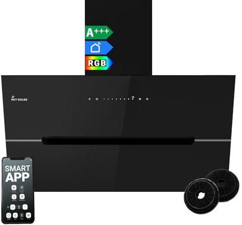 Cappa aspirante 90 cm/Cappa Cucina Inclinata/acciaio inossidabile/vetro nero/WiFi/auto spegnimento/Illuminazione LED RGBW/Operazione di tocco / ECCO9005SM