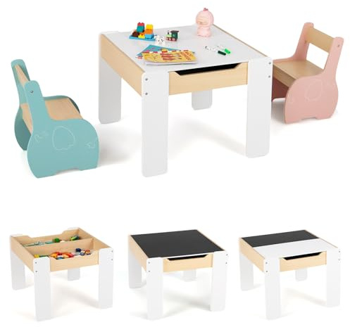 COSTWAY 4 en 1 Juego de Mesa y Silla Infantil, Mesa Infantil de Madera con 2 Sillas, Manualidades, Dibujo, Mesa Escritorio Infantil con Almacenaje, Pizarra Desmontable para Guardería (Multicolor)