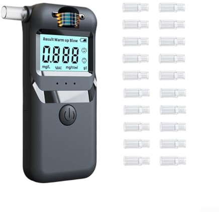 Probador de alcohol electrónico profesional con pantalla digital y 20 boquillas reutilizables para lecturas precisas del contenido de alcohol en sangre