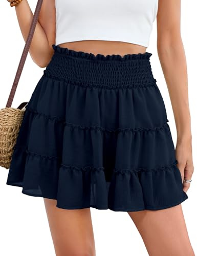 PASUDA Womens Mini Skirts Elasticated High Waist Ruffle Short Skirts Summer Casual Flowy Tulle Skirt Ladies Elegant A-Line Skirt Built-in Shorts for Party Beach School(Navy Blue,XL)