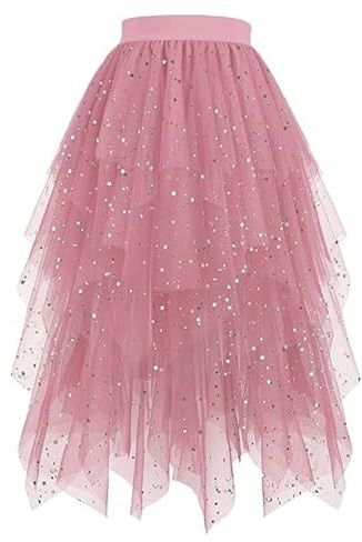 Tüllrock Damen Lang mit Glitzer Hohe Taille Tütü Rock Glitzerrock Mehrschichtiger Mesh Tüll Röcke Puffy Karneval Kostüm High Low Layered Bunt A-Linie Knielang Ballet Tanzrock Faschingskostüme