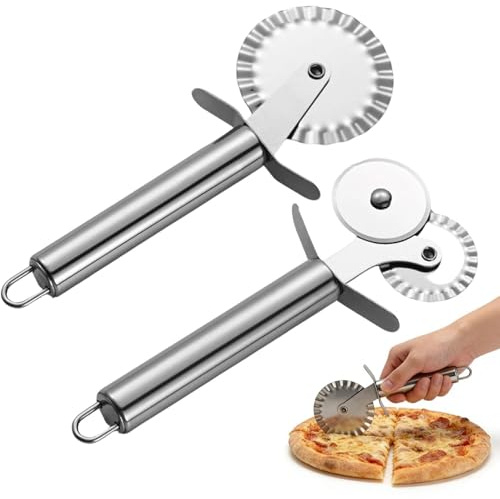 Touosy 2 Stück Pizzaschneider, Teigschneider Edelstahl, Pizzaroller Teigrad Gewellt Pizza Schneider Mit Rutschfestem Griff für Pizza Kuchen Waffeln Teig und Mehr Unverzichtbar für die Heimische Küche