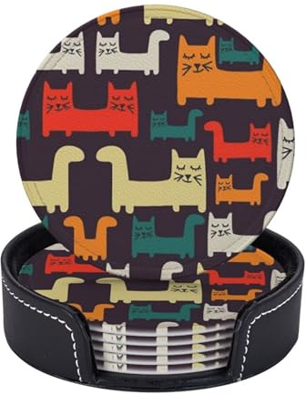 Round Coasters for Drinks Set of 6 PU Leather Coasters with Holder 4 Drink Coasters for Coffee Table Bench Cat Cup Coaster Set for Home Decor Tabletop Protection Cup Mat Pad