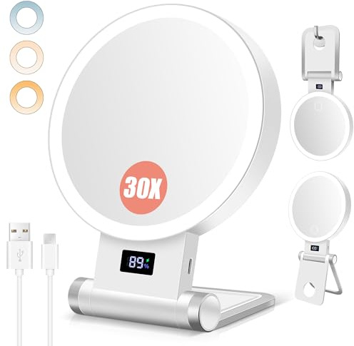 B Beauty Planet 30X/1X Kosmetikspiegel mit Vergrößerung, Erhöhter Ständer, Batterieanzeige, 2000mAh Akku, Doppelseitiger Tischspiegel, 3-Farben-Licht, Wand, Klappbar – Für Zuhause & Reisen