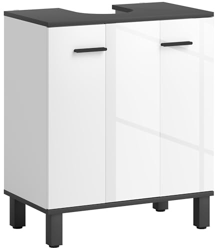 HOMCOM Mueble Bajo Lavabo, Mueble de Baño Compacto con Estante Ajustable, 2 Puertas, Estilo Moderno, para Lavabo con o sin Pedestal, 60x34x70 cm, Blanco Brillo