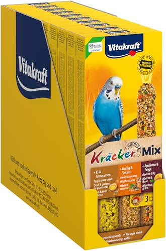 Vitakraft Kräcker Mix, Vogelsnack, Knabberstangen, mit Ei und Grassamen, mit Aprikose und Feige, mit Honig und Sesam, zur Schnabelpflege, ohne Zusatz von Zucker (10x 80g)