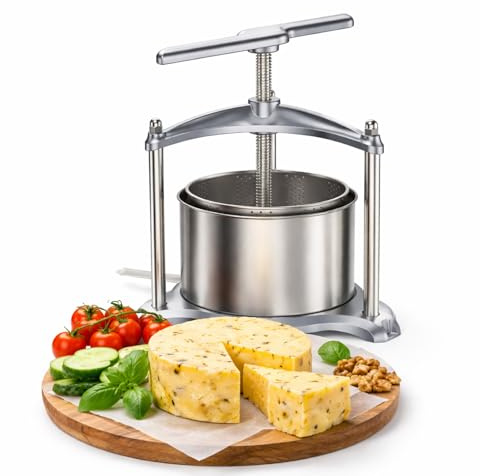 EJWOX Manual Cheese Press, 1.6 Gallon Heavy Duty Food Press for Cheese, Tofu & Vegetable Dehydration – Stainless Steel Basket Herb & Tincture Press with Filter Bags, Not for Hard Fruits