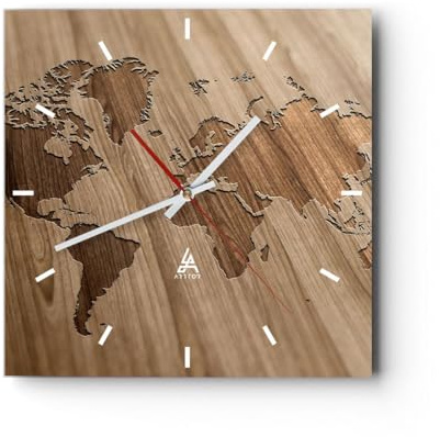 Modern Wanduhr Geographie Globus Karte 40x40cm Quadrat Groß Wand Uhr Glas Analog Zimmeruhren Küche Büro Wohnzimmer Glasuhr Wall Clock Dekoration Design Wanddekoration Küchenuhr C3AC40x40-3042