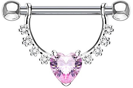 beyoutifulthings Brustwarzen-Piercing GROSSES Herz Intim-Piercing Brust-Piercing Edelstahl Silber Clear Pink Stab 1,6mm 12mm