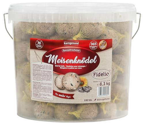 Fidelio Meisenknödel mit Netz, ganzjähriges Wildvogelfutter proteinreich / energiereich, hochwertiges Vogelfutter für Wildvögel, 100 Stück im Eimer, 8.3 kg