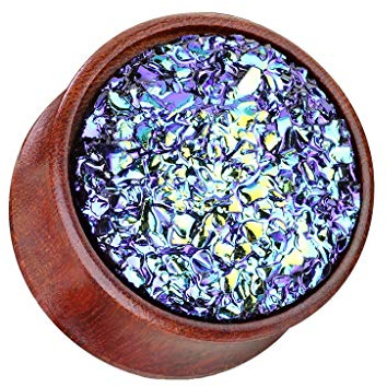 beyoutifulthings Ohr-Plug Blauer Glitzer DRUSEN-Stein Ohr-Piercing Ohr-Schmuck ORGANISCHES Holz Dunkel-Braun Tunnel Sattel-Verschluss 6-16mm