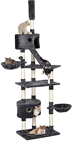 Yaheetech Kratzbaum XXL Kletterbaum mit 2 Katzenhöhlen und Katzenkorb Sisalstämmen Katzenbaum höhenverstellbar 228-255 cm, Dunkelgrau