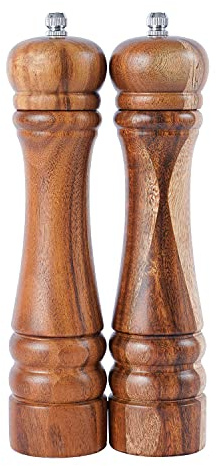 DeroTeno Salz- und Pfeffermühle Set, Gewürzmühlen 2er-Set, Salz und Pfeffer Mühle aus Akazienholz mit Keramikmahlwerk, H 21 cm