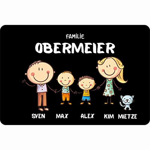 Verlag HE XL - Fußmatte personalisiert Familie mit Vornamen & Familien - Namen BUNT Geschenk Hund Katze Umzug Comic Strichmännchen aussen innen lustig