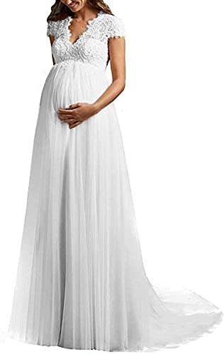 DUMOO Robe de mariée de grossesse - Col en V - Dentelle - Grandes tailles avec traîne