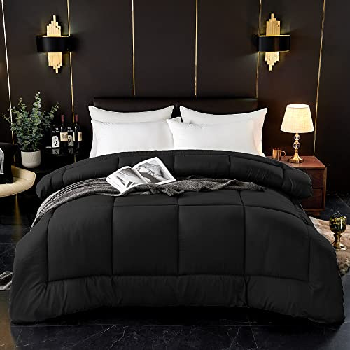 ComfyWell Einzelbett-Bettdecke – einfarbige Steppdecke, Tagesdecken, Decken & Sets, 1 Kissenbezug, warm und antiallergen, Ganzjahresdecke, Überwürfe für Bett (Einzelbett (135 x 200 cm), schwarz)