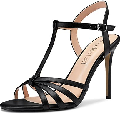 Saekcted Femmes Aiguille Haut High Talon Heel Ouvert Bout Lanières Cheville Slingback Sandales Mariage Dress Chaussures 10 CM Heels Noir Matte 38 EU