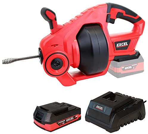 Excel 18V Cordless Drain Cleaner with 1 x 2.0Ah Battery & Charger - Pipe Capacity 20-50mm - Drain Auger - LED Light