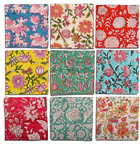 DIYANAIMPEX 10 Stück handgefertigte Baumwoll-Servietten, bedrucktes Muster, 40,6 x 40,6 cm, umweltfreundliche indische Heimdekoration, Mehrfarbig