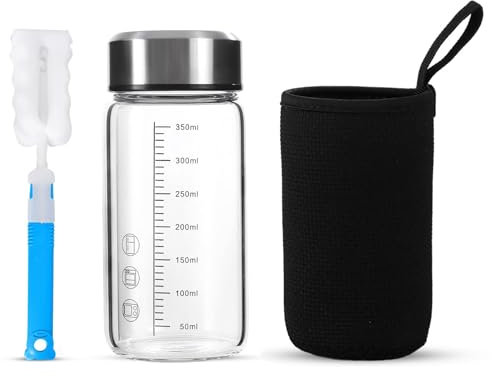 12Oz Small Glass Water Bottle with Lid and Sleeve,0.15in/3.8mm Thick Glass Shaker Bottles for Protein Mixes,Juicing,Smoothies, Infused Water,Beverage,Reusable Wide Mouth Sports Nutrition Shakers