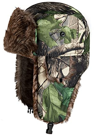 TINAYAUE Winter Trapper Hunting Hat with Ear Flaps Fallen Leaf Camo Cap Faux Fur Ushanka Russian Warm Unisex Windproof Hunter's Trooper Bomber for Hunting, Skiing, Hiking, Green, One Size