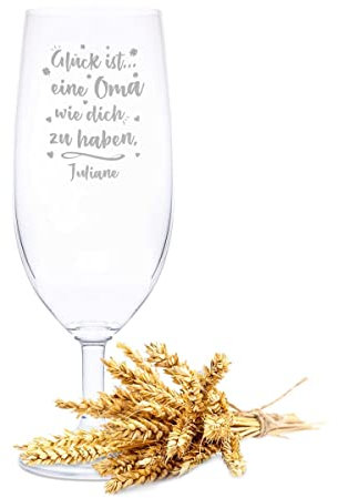 GRAVURZEILE Leonardo Vaso de cerveza con grabado – La suerte es un abuelo con nombre, regalo para abuela, ideal como regalo del día de la madre, 360 ml, tulipán de cerveza, vidrio de trigo, regalo de
