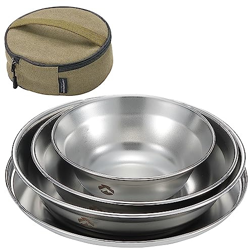 CAMPINGMOON Camping Tableware Set Stainless Steel Camping Plates Bowl Stackable Outdoor Dinnerware Canvas Carry Case Camping Hiking Picnic (4, Silver)