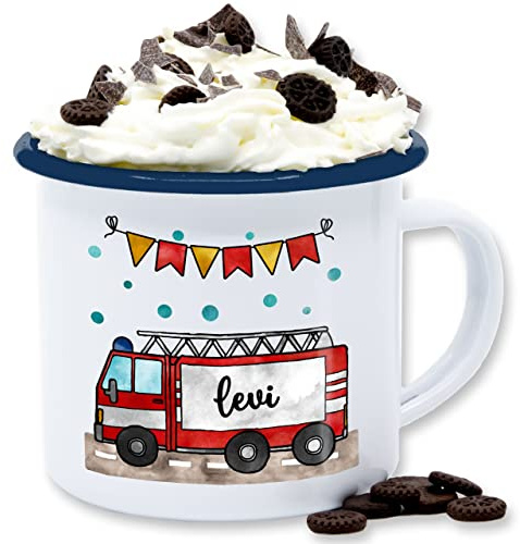 Emaille Tasse Blechtasse - Feuerwehrauto Motiv I Leiterwagen Geschenk Feuerwehr I Löschzug - 300 ml - Weiß Blau - geschenke für feuerwehrmänner feuerwehrtasse jugendfeuerwehr name tassen