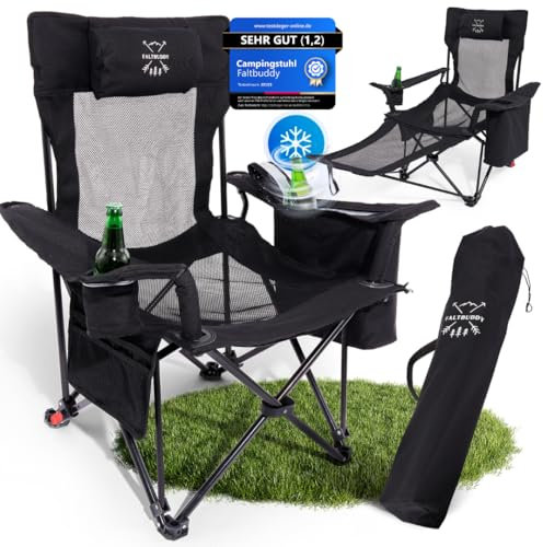 Faltbuddy® Campingstuhl faltbar & Liegestuhl klappbar 2in1 180Kg schwarz [XXL Kühltasche] Faltstuhl I Klappstuhl I Angelstuhl Campingliege Strandliege klappbar leicht - Angler Strand Festival Outdoor