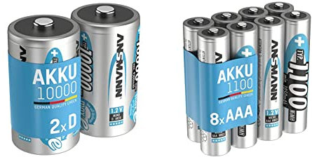 ANSMANN Akku D 10000 mAh NiMH 1,2 V (2 Stück) & Akku AAA Typ 1100 mAh (min. 1050 mAh) NiMH 1,2 V (8 Stück) - Micro AAA Batterien wiederaufladbar, hohe Kapazität für hohen Strombedarf