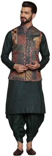 KISAH Men's Kurta, Printed Nehru Jacket & Dhoti Set - Traditional Indian Ethnic Wear for Weddings & Festive Occasions, Multi-dark Grey, 38
