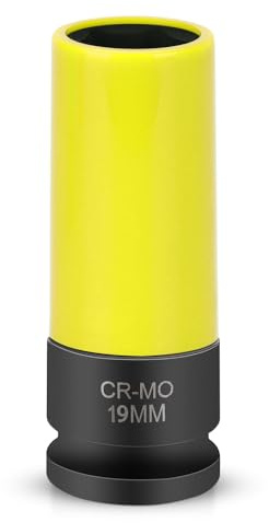 Nikcrlo Llave de impacto de 1/2 pulgadas, 19 mm, acero CR-MO, protege llantas individuales y tuercas de rueda con manga protectora