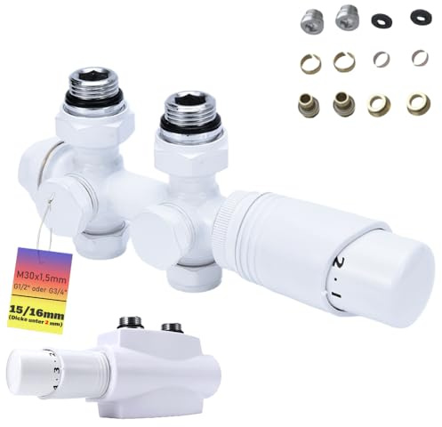 Thermostat Multiblock Heizkörper Set, Ventil Hahnblock für Badheizkörper | Eckform und Durchgangsform, G 1/2 oder G 3/4, 15mm/16mm, Ventil-Armaturen Mittelanschluss Thermostatregler Weiß
