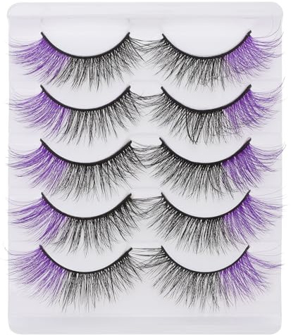Housoutil Coloured False Eye Lashes, 5 Pairs Purple Strip Lashes, Artificial Halloween Makeup Eyelashes, Natural Three-Dimensional Half Eye Lashes
