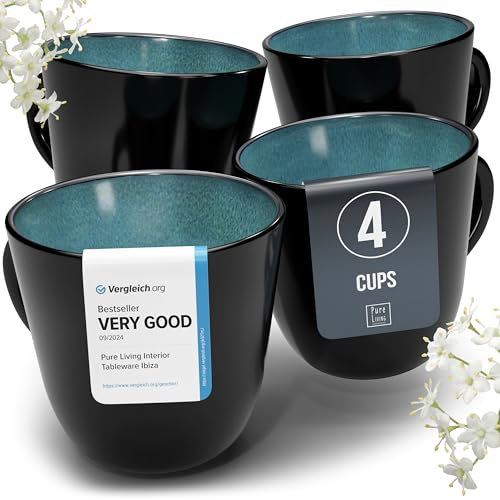 Stoneware coffee mugs set 4 pcs – 14.5 oz petrol blue ceramic cups – Dishwasher and microwave safe – Stylish modern coffee cup set – Dinner service Pure Living Interior Design