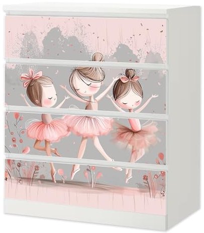 Sunnywall Möbelfolie IKEA Malm Kommode Ballerinas 4er 80 cm Schrankfolie | Malm 4 Schubladen blasenfrei selbstklebende Folie für IKEA Möbel Kinderzimmer Schlafzimmer für Möbel Deko Zuhause