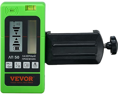 VEVOR Receptor Láser para Nivel con Alcance de 60m, Detector Verde y Haz Rojo para Líneas Pulsadas, Señal de Sonido Ajustable, Pantalla LCD Dual, Nivel de Burbuja Incorporado con Abrazadera