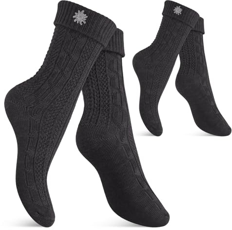 Celodoro Damen und Herren Trachten Socken (2 Paar) mit Edelweiß-Pin Oktoberfest Strümpfe - Anthrazit 43-46